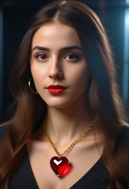 A beautiful magical gorgeous shy girl with absurd long hair and dark brown eyes wears a gold chain glass necklace with inside the glass red human muscle heart. (((SFX and VFX, accurated details)))