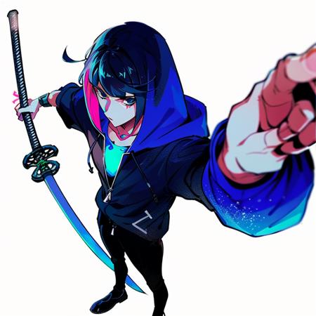 masterpiece, best quality, high quality, highres,Super perspective, weapon, sword, solo, 1boy, male focus, katana, holding, holding weapon, blue eyes, white background, holding sword, simple background, hood, fingernails, black hair, sheath, blue hair, hair between eyes, hood down, hoodie, scabbard, closed mouth, standing, foreshortening, collarbone, black footwear, short sleeves, jacket, short hair, hooded jacket, pants, multicolored hair, bangs, from above, full body, shirt, looking at viewer, watch, perspective, shoes, blue shirt, holding sheath, sheathed, serious, unsheathed, wristwatch, wristband, zipper, white jacket, long fingernails, fighting stance, outstretched arms, jewelry, white hoodie, drawstring <lora:superpers-000006:1>