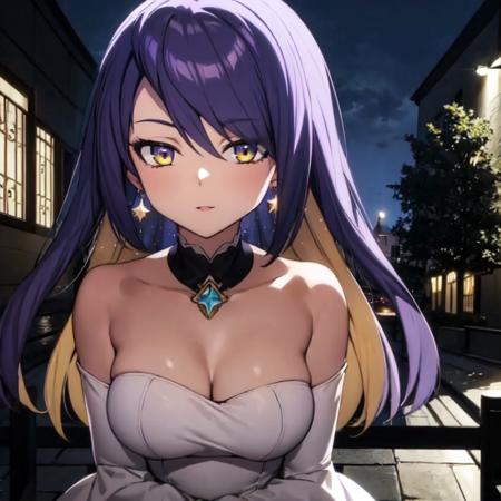 best quality, 4K wallpaper, masterpiece, extremely detailed CG unity 8k wallpaper, extremely detailed eyes, mature female, ultra-detailed, 1girl, solo, Moona, (medium breast:1), (multicolored hair:0.2, light purple hair, yellow hair),  blue half yellowless eyes, long hair, star earrings, wedding dress, wedding,  house, outdoors, public, looking at viewer,  <lora:Moona:1>