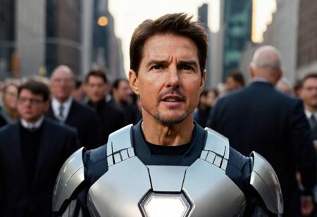Focus on facial features such that the photo cannot be reject as AI generated. Cinematic  Masterpiece dynamic (cinematic shot:1.6) (Tom Cruise as Iron Man) action pose in [Silver Liquid letallic (Compact Tech Suit up)|(Nano Tech Suit Test)] (face looking pursuit:1.4) in [polaroid:photograph:0.5]  and ( davinci_:0.5), shout , detailed eyes, detailed pupils, clean face BREAK <lora:epi_noiseoffset2:0.50>, clear sky with clouds, Manhattan, explosion, hand gun , jet pack, Dusk, mythic, fable, legend, digital art , [ : <lora:add_detail:0.7>:0.10] , symmetry, hyper realistic, detailed, intricate, best quality, hyper detailed, ultra realistic, sharp focus, bokeh, HQ, 8K, high angle RAW photo shot on IMAX, film grain, masterpiece photographic art, (photo realistic:1.6), depth of field, rule of thirds