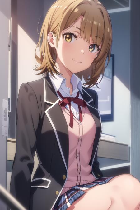 irohaisshiki, <lora:iroha isshiki s2s3-lora-nochekaiser:1>, 
iroha isshiki, short hair, brown hair, (brown eyes:1.5), smile,
BREAK skirt, shirt, ribbon, school uniform, jacket, white shirt, open clothes, socks, open jacket, black jacket, plaid, kneehighs, plaid skirt, blazer, cardigan, black socks, pink cardigan, sobu high school uniform,
BREAK indoors, classroom,
BREAK looking at viewer,
BREAK <lyco:GoodHands-beta2:1>, (masterpiece:1.2), best quality, high resolution, unity 8k wallpaper, (illustration:0.8), (beautiful detailed eyes:1.6), extremely detailed face, perfect lighting, extremely detailed CG, (perfect hands, perfect anatomy),