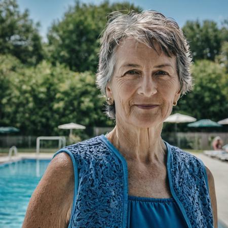 A portrait photo of a 45yr Caucasian mother standing at swimming pool taken by Tom Munro, {{highly detailed }} {{taken with Canon EOS R10}} {{shot by Canon EOS R10}}