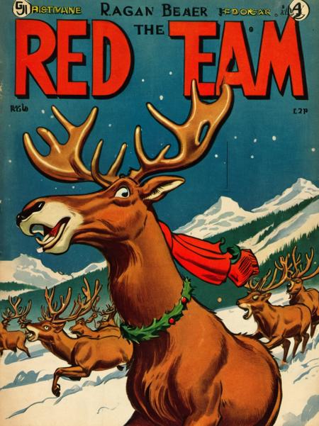 <lora:W<lora:Wiz-VintageComicBookCover_v01:1.4>, ('RED TEAM' letters) Vintage comic book cover fillustration of Raging Reindeer, , CHRISTMAS Reindeer, RED
