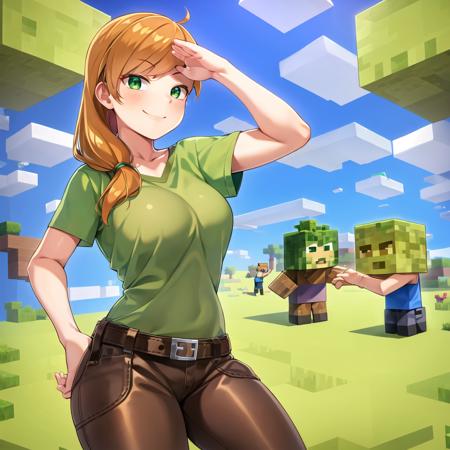 1girl, belt, blue_sky, blush, boots, breasts, brown_hair,  cloud, day, facial_hair, green_eyes, green shirt,brown pants,  long_hair, orange_hair,realistic,  ,shirt, sky, smile,alex,minecraft, <lora:alexminecraft:0.8>, <lora:more_details:0.5>,straight-arm salute,