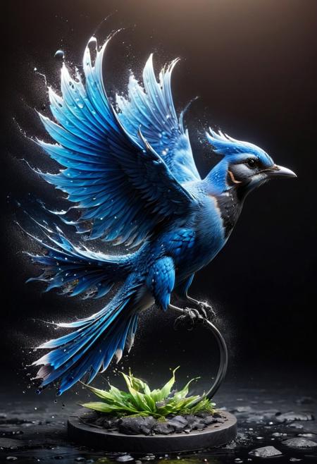 A bird, blue Jays,
amazingly fluid, 
detailed, 
3d fractals, 
light particles, 
water drops, 
shimmering light, 
dreamy, 
surreal, 
alcohol ink, 
smooth, 
shimmering, 
dreamy glow, 
16k, 
intricate artwork masterpiece, 
ominous, 
matte painting movie poster,  
trending on cgsociety, 
intricate, 
epic, 
trending on artstation, 
highly detailed, 
vibrant, 
production cinematic character render, 
ultra high quality model