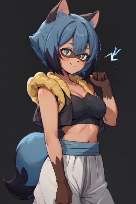 best quality, 1girl, raccoon girl, solo, furry, furry female, michiru_kagemori, blue hair, short hair, multicolored eyes, animal nose, triangle shaped nose, animal ears, (tail), bushy tail, two tone skin, brown colored hands <lora:MichiruV2.1:1>, <lora:MetamoranVest:1>, metamoran vest, breasts, white pants, blue belt, black shirt, crop top, smile, looking at viewer, power aura, blue aura, dark background