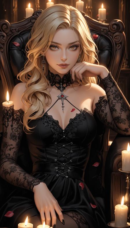 Mysterious blonde woman in black dress, seated amidst candles, seductive expression, elegant posture, high heels, intricate wooden chair, warm candlelight glow, photorealistic detail, scattered rose petals, gothic elegance, soft shadows, cinematic atmosphere