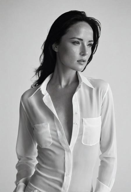Stunning b&w 35mm full body photo of a beautiful (woman ), black_hair. perfecteyes, dark circles under eyes, highly detailed skin, (lightest freckles and (moles) all over body:0.9), flat chested. hips. little_belly. standing in a casual pose. braless. 
wearing (wide-open:1.34) white_silk_shirt which do not cover her bare breast. unbuttoned shirt. nipslip. perfect areola. open shirt. nipples. open shirt. visible round small tits. . perfect small breasts. nipples. hard nipples. a loose-fitting oversized men's unbuttoned  shirt, open white business shirt. visible round small breasts. ideal bumped nipples.
intricate poses by ruth bernhard. (Photography and style by ruth bernhard). 35mm, Hasselblad. capturing fashion-forward visuals, creating visual impact,evoking emotion,pushing creative boundaries. 
golden hour, shot from the side, playful pose, god rays,artistic photoshoot, NSFW.