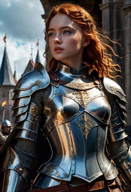 High resolution ultra-realistic of Beautiful Warrior Sadie Sink as Joan of Arc, 8k, capturing the intensity of the moment, cinematic lighting, standing on a bloody and stormy battlefield in bloody battle, wavy red hair, realistic dirty pale face, realistic blue eyes,  beautiful hourglass figure, burning in a medieval Town, intricately designed iron and silver armor, Dark Ages Aesthetic, perfect athletic figure, beautiful Warrior Joan of Arc, fire, ultra realistic, cinematic style, vigorous and seductive, athletic figure, dark fantasy, dramatic lighting, wet and sweaty skin, dirty skin, athletic figure, dark fantasy, dramatic lighting, Greg Rutkowski style,, Warrior Joan of Arc on in iron armor, hyper-detailed, hyper-realistic, bright colours, Attractive 21 old years girl, Attractive, beautiful firm Breasts, sharp focus, digital painting, Photograph Taken on Nikon D750, Alphonse Mucha, 8K, athletic figure, Hyperdetailed, hyperrealism, Attractive, Attractive bust girl, asymmetric balance