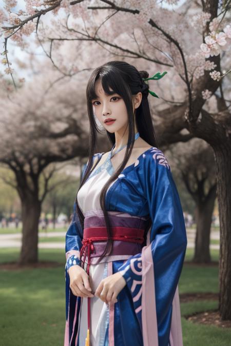 ltra-detailed,highly detailed,best quality,masterpiece,illustration,realistic,photorealistic,
liumengli, 1girl, solo, 
hanfu, chinese clothes, wide sleeves, long sleeves, sash, hair ornament, 
long hair, black hair, bangs, blunt bangs, sidelocks, 
standing, looking at viewer, cowboy shot, 
outdoors, grass, flower, day, cherry blossoms, tree, sunlight, photo background, rock, 
 <lora:liumengli_v1_06:0.8>