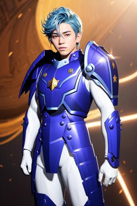 1 boy with armor ,(MASTERPIECE:1.2),(REALISTIC:1.6),8K,Half Japanese Korean,blue hair,Lanky,dynamic pose, len flare,photographed on a Canon EOS R3, 90mm lens, F/8 aperture,open mouth,
(masterpiece, ultra quality, high resolution, 8k, intricate: 1.2), (detailed face:1.2),(insanely detailed, bloom:1.5), handsome, detailed skin,male focus, ((realistic)), good lighting quality,balanced eyes,
best quality, ultra high res, (photorealistic:1.4), star,<lora:Tenku toma_V1:0.9>