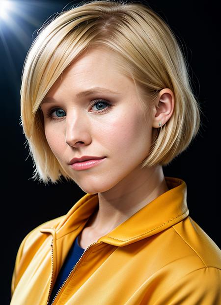 portrait of Kristen Bell, :| , wearing workwear , with honey blonde Asymmetrical haircut, background cosmic, epic (photo, studio lighting, hard light, sony a7, 50 mm, matte skin, pores, colors, hyperdetailed, hyperrealistic), <lyco:Kristen Bell:1.2>