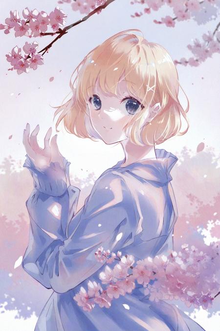 high quality, best quality, by ajimita, 1girl, solo, cherry blossoms, short hair, looking at viewer, blonde hair, long sleeves, bangs, <lora:ajimita:1>