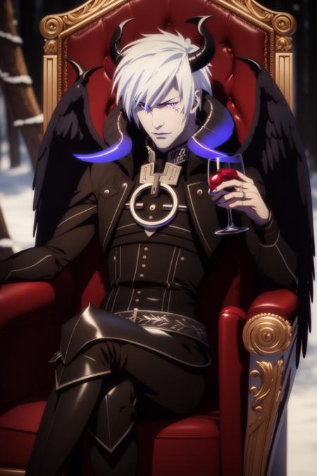 <lora:ANIME_ShingekiNoBahamut_Azazel_v01:0.8>, azazel \(shingeki no bahamut\), horns, wings, feathered wings, black wings, demon wings, throne, wine, holding wine glass, crossed legs, 1boy, demon, white hair, purple eyes, mature male, nature background, forest, blue sky, clouds, 64K, f1.2, 800mm, UHD, dynamic lighting