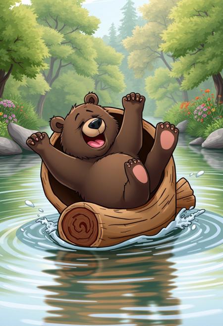 "Hilarious scene: a hapless bear is stuck inside a hollow log, which is floating down a serene river. The bear's head pokes out of one end of the log, looking frazzled and embarrassed, while its hind legs protrude from the other end, wiggling wildly in the air. The log bobs and spins on the water, causing the bear to tumble and flail about, its paws waving in distress. The surrounding landscape is lush and green, with trees and flowers lining the riverbank, adding to the absurdity of the situation. Style: playful, cartoonish, and humorous, with exaggerated expressions and comical details."