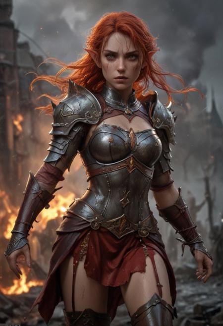 High resolution ultra-realistic of Beautiful Warrior Elf girl, 8k, capturing the intensity of the moment, cinematic lighting, standing on a bloody and stormy battlefield in bloody battle, wavy red hair, realistic dirty pale face, realistic dark brown eyes,  beautiful hourglass figure, burning in a medieval Town, intricately designed iron and silver armor, red mini skirt, LOTR Aesthetic, perfect athletic figure, beautiful Warrior elf girl, fire, ultra realistic, cinematic style, athletic figure, dark fantasy, dramatic lighting, wet and sweaty skin, dirty skin, athletic figure, dark fantasy, dramatic lighting, Greg Rutkowski style,, Warrior Elf girl on in iron armor, hyper-detailed, hyper-realistic, bright colours, Attractive 21 old years girl, Attractive, beautiful firm Breasts, sharp focus, digital painting, Photograph Taken on Nikon D750, Alphonse Mucha, 8K, athletic figure, Hyperdetailed, hyperrealism, Attractive, Attractive bust girl, asymmetric balance