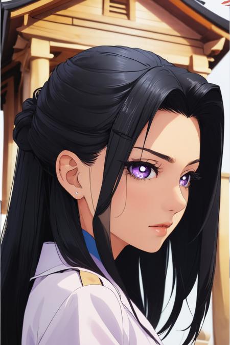 Rea Katagiri, black hair long hair, two strands of hair on the sides of the temples, purple eyes, black pupil
