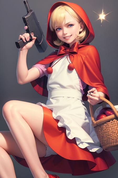 masterpiece, best quality, <lora:bbh:1>,1girl, weapon, blonde hair, gun, solo, basket, smile, hood, blue eyes, grin, apron, short hair, dress, capelet, simple background, submachine gun, handgun, grenade, sparkle, looking at viewer, skirt, holding, red dress, explosive, bow, red hood