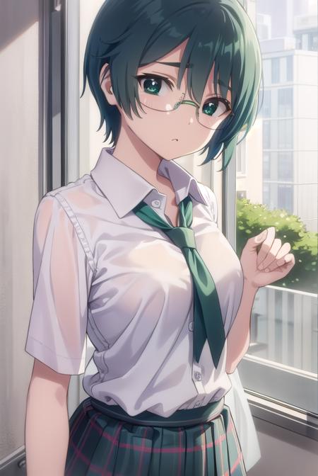 miharumikuni, <lora:miharu mikuni ova-lora-nochekaiser:1>,
miharu mikuni, short hair, (green eyes:1.5), glasses, blue hair,
BREAK skirt, shirt, school uniform, white shirt, socks, plaid, kneehighs, plaid skirt,
BREAK indoors, classroom,
BREAK looking at viewer, (cowboy shot:1.5),
BREAK <lyco:GoodHands-beta2:1>, (masterpiece:1.2), best quality, high resolution, unity 8k wallpaper, (illustration:0.8), (beautiful detailed eyes:1.6), extremely detailed face, perfect lighting, extremely detailed CG, (perfect hands, perfect anatomy),