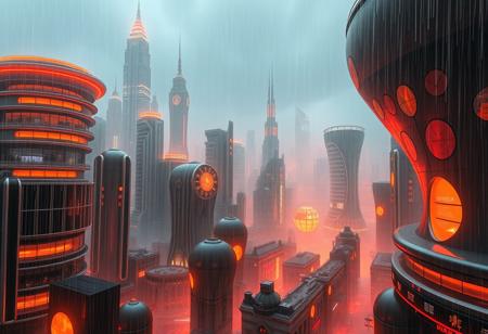 Breathtaking masterwork digital photo, sci-fi city, sleek organic rounded laminate architecture, heavy blinding rainstorm