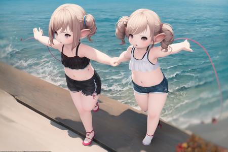 (masterpiece:1.2), (best quality:1.2),
<lora:new_lalav5-15:1>,lalafell, 1girl, girl,
Sleeveless top and shorts,Retro curls,Sandy hair, hazel eyes,Sea beach,from above,Skipping rope,Proud