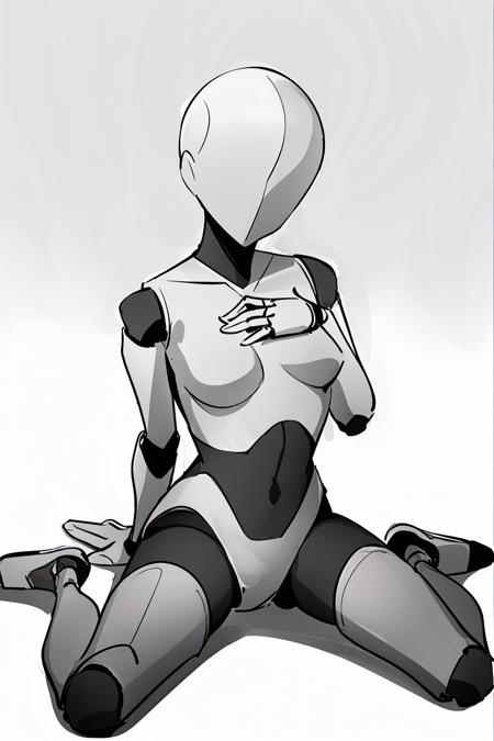 model man, monochrome, greyscale, 1girl, solo, joints, sitting, wariza, faceless, robot joints, android, white background, simple background, full body, robot, hand on own chest, no eyes