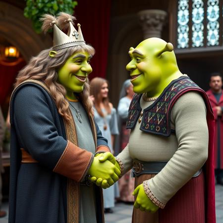 Lord farquaad giving Shrek a handshake both are happy
