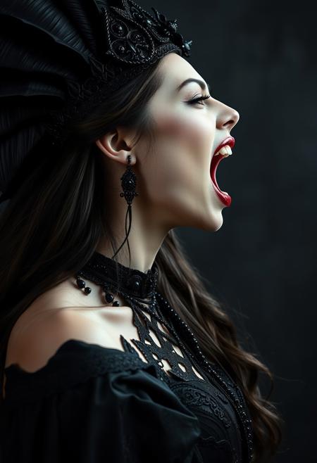 Close Up shot,  side view of a dark princess, screaming, standing pose, in the style of infernal fasion, otherworldly beauty, infernalpunk, queencore, ornamented age aesthetics, coal and black, photography studio style
