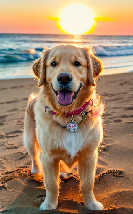 Pop Art style ((best quality)), ((masterpiece:1.2)), (detailed:1.2), Close-up of a Golden Retriever's fur, illuminated by the warm glow of sunset on a sandy beach. The dog's joyful expression and wagging tail capture the essence of a carefree moment in a serene coastal setting.
<lora:epi_noiseoffset2:1>  . Bright colors, bold outlines, popular culture themes, ironic or kitsch