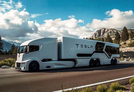 plants, trees, surrounded by trees and mountains in the background. the sky is blue with some clouds., yfg-r1gs a white tesla semi truck driving down a road with mountains in the background. the truck is surrounded by lush green grass and the sky is filled with white, with a logo on the vehicle and a cloudy sky in the background. the trailer has 8 sets of axles., yfg-r1gs a futuristic bus driving down a road with a futuristic design, surrounded by rocks and trees. the truck is part of the gmc black widow concept, with a wall in the background and a clear blue sky above., with a starry sky above.