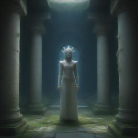 A mystical guardian, part human and part elemental being, standing watchfully in an ancient temple surrounded by crumbling stone columns. The figure's body glows with a soft, ethereal light, with delicate vines and flowers blooming from their limbs. Half of the face is adorned with a ceremonial mask, the other half reveals skin that seems to shimmer like polished stone. The guardian's armor is inscribed with ancient symbols, glowing faintly in sapphire blue. The temple is illuminated by sunlight filtering through broken roof gaps, casting warm rays on the moss-covered floor. Subtle dust particles float in the air, creating an otherworldly, serene atmosphere. Highly detailed and cinematic, combining nature’s beauty with fantasy themes, inspired by classic RPG art styles.