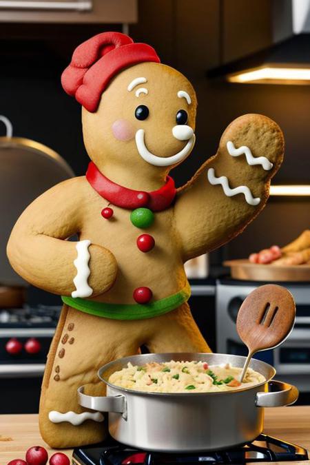 Gingerbread_Man, food, cookie, food focus, no humans, Hyper realistic character, Solo anthro furry character, Digital art of a anthro animal character cooking food in a kitchen
