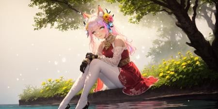 1girl,butterfly,flower,solo,bug,blurry,bangs,sitting,dress,animal,outdoors,smile,day,tree,blush,water,branch,sky,ahoge,petals,ribbon,animal ears,long hair,hair flower,depth of field,hair ornament,blue eyes,very long hair,long sleeves,blonde hair,red flower,blurry foreground,closed mouth,in tree,blue butterfly,looking away,animal ear fluff,pink flower,red dress,blurry background,sitting in tree,fox ears,cat ears,korean clothes,white flower,, solo,full body,
,art by Cornflower,dreamy,(pilyeon),(extremely detailed CG unity 8k wallpaper, masterpiece, best quality, ultra-detailed, best shadow),
,(best illumination, an extremely delicate and beautiful),beautiful detailed glow,dynamic angle,
,(beautiful detailed face, beautiful detailed eyes),High contrast,(1girl:1.5),braided hair one side,
,(iridescent hair:1.2),pink hair,,(fox_ears ,hime_cut,,)
(white pantyhose:1.2),1 girl Wearing Transparent Greek dress,(transparent:1.3),purple eyes,