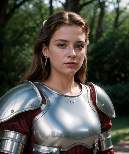 cinematic film still (Cinematic Photo:1.3) of (Ultrarealistic:1.3),(Energetic:1.3) 1girl, armor, blurry, blurry background, blurry foreground, bush, dappled sunlight, day, depth of field, earrings, forest, jewelry, lips, looking at viewer, motion blur, nature, outdoors, path, pauldrons, realistic, shoulder armor, solo, tree, tree shade,Highly Detailed,(Photorealism:1.3),(80s Art:1.3),(Rococo:1.3),propaganda poster,soviet poster,sovietwave . shallow depth of field, vignette, highly detailed, high budget, bokeh, cinemascope, moody, epic, gorgeous, film grain, grainy