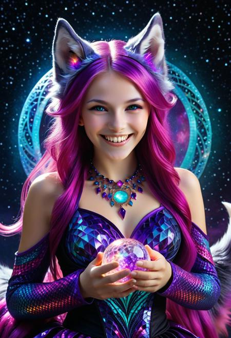 masterpiece, absurdres, HD, 8k, galaxy, wolf girl, wolf ears, wolf tail, wolfgirl, ch3sh1re_catgirl, sharp_teeth, gr1n, ch3sh1re_costume
A mystical wolf girl made of Fractangles with long, flowing purple-pink colored hair and glowing purple wolf ears, featuring a wide, sharp-toothed Cheshire grin. She is surrounded by sparkling cosmic dust and stars, her fluffy wolf tail curling elegantly. She holds or is playing with a luminous ball of golden yarn that glows warmly, contrasting with the cool hues. The scene is a whimsical and magical fairy circle, with intricate detailing, vibrant colors, and a dreamy, otherworldly atmosphere, environment.