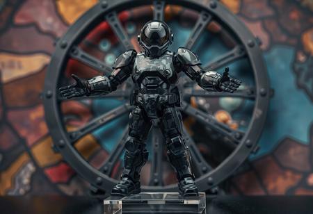 The image features a highly detailed, full-body view of a Neo Bubbleman, exuding an aura of advanced technology and precision, predominantly black and gray, stands boldly on a clear stand, arms outstretched in a ready stance. A camouflage pattern adorns the Neo Bubbleman's body, adding a sense of realism. Placed in front of a Cannon Wheel, the dark color scheme creates a striking contrast. A vibrant, detailed background enhances the composition.