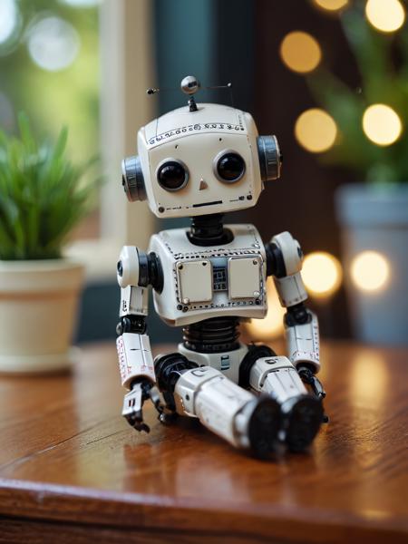ASCIIthere is a toy robot that is sitting on a table, a 3d render by mab graves, reddit, humanoid robot, tintoy characterdesign robot, delightful friendly robot
