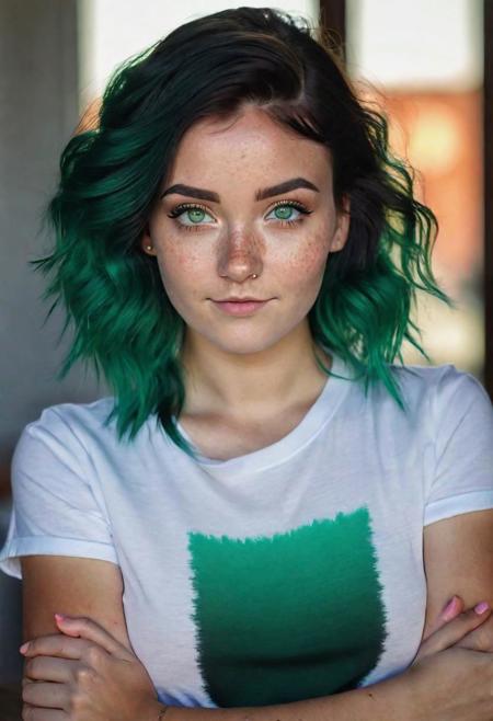 girl, long dark green ombre hair, emerald eyes, white t-shirt, medium breasts, arms crossed, freckles, nose piercing, watching at the viewer, upper body photo, hyperrealistic, 8k, highest quality, HDR+,