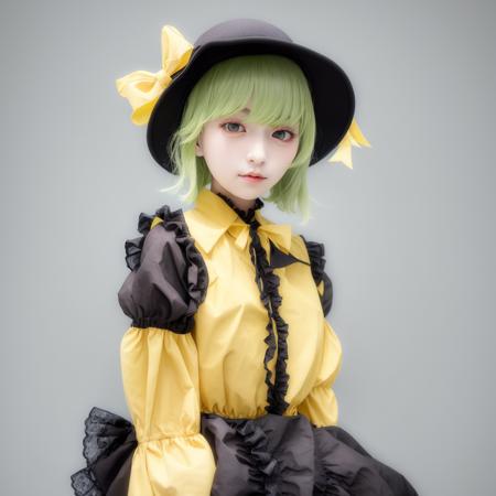 masterpiece, best quality, komeiji_koishi, green_eyes, heart_of_string, yellow_shirt, hat, eyeball, skirt, wide_sleeves, 1girl, green_skirt, frills, green_hair, black_headwear, shirt, long_sleeves, bow, looking_at_viewer, yellow_bow, frilled_sleeves, solo, heart_hands, underwear, heart-shaped_pupils, hat_ribbon, string, holding_clothes, frilled_shirt_collar, hat_bow, blouse,  yellow_blouse,  hair_between_eyes, ribbon, yellow_ribbon