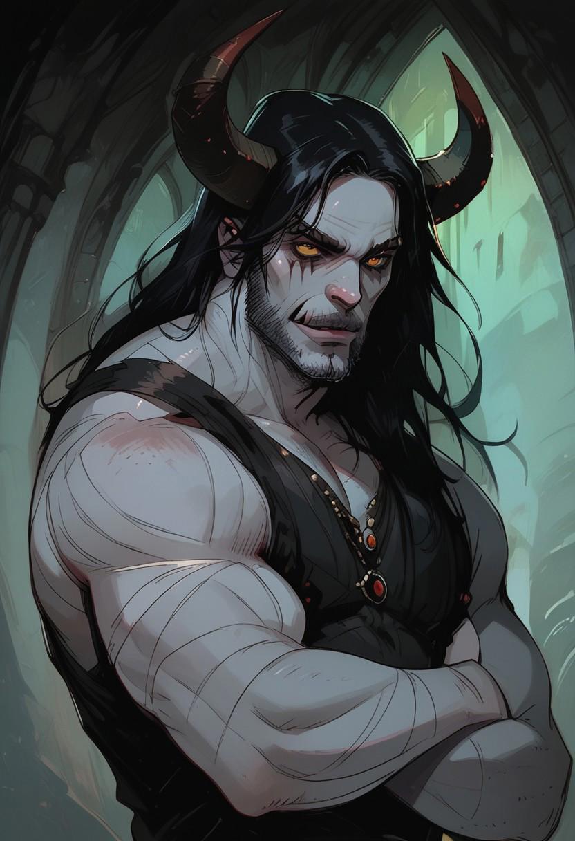 score_9, score_8_up, score_7_up, BREAK, 1 boy, manly,  BREAK demon boy, white skin, horns, beard, massive beard, long beard, facial hair, black hair, muscular, massive, wide shoulders, evil villain