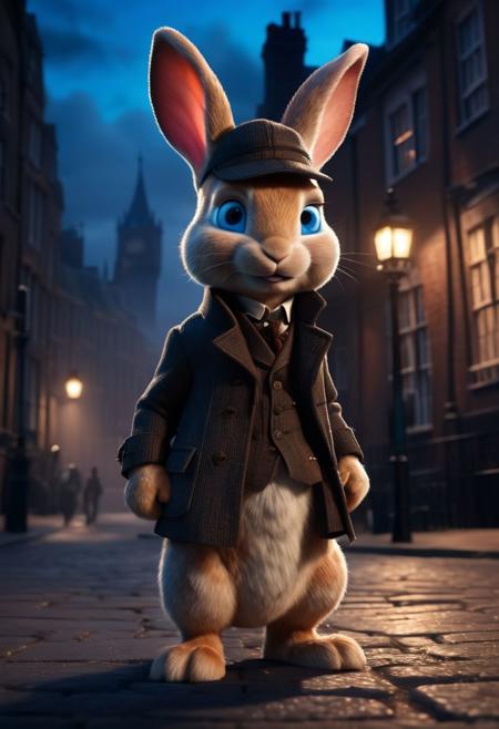 cut little fluffy Bunny cub dressed up as sherlock holmes, blue eyes, investigating a crime, pixar-style, ultra detailed, old london background, animated film, realistic dark lights, cinematic, studio photo, vivid colors, realistic lights, cinematic, sharp focus, photorealistic concept art, perfect composition, soft natural volumetric, cinematic perfect light, rendered in unreal engine, boost