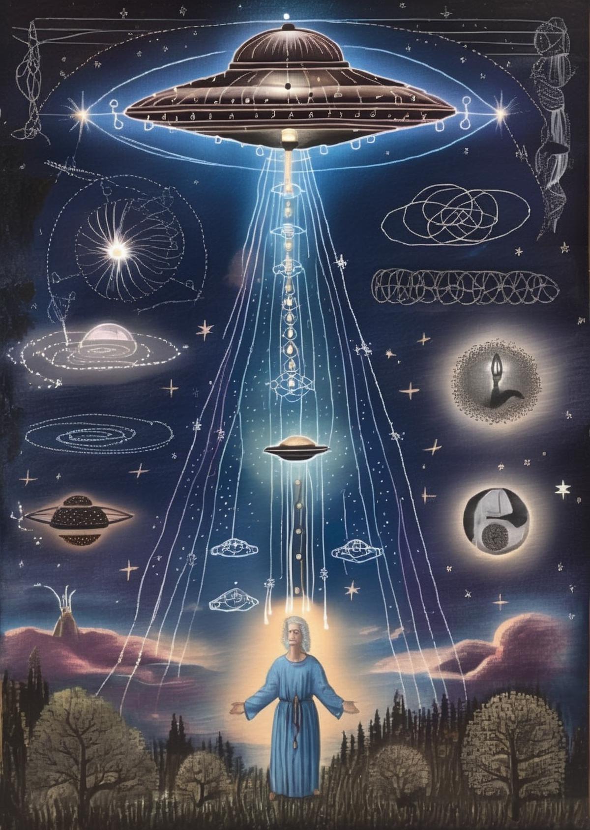 A painting of a person surrounded by various celestial objects such as planets, stars, and a space station.