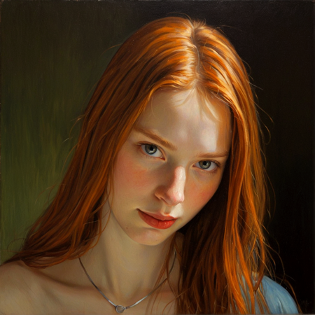 Classical oil painting,  is a portrait of a young woman with long, straight red hair. She is looking directly at the camera with a serious expression on her face. Her hair is styled in loose waves and falls over her shoulders. She has a slight smile on her lips and is wearing a silver necklace. The background is black, making the woman the focal point of the image. The lighting is soft and natural, highlighting her features.Caravaggio Vermeer Blake Sargent Turner Lautrec Degas Monet Manet Cassat Morisot Münter Kollwitz Malfatti Werefkin chiaroscuro Schjerfbeck,bold colours deep shadows, red blue green yellow brown black, dark thick inky shadows, reflected light subsurface scattering