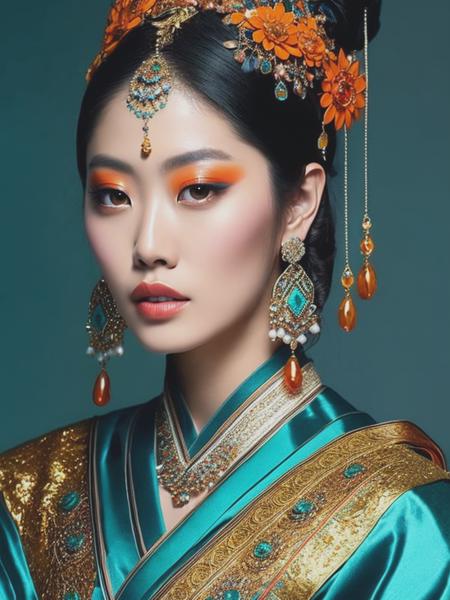 <lyco:ZhangJingna:1.0> a women in an oriental costume poses for a photograph, in the style of zhang jingna, dark cyan and amber, naoko takeuchi, lovely, exaggerated facial features, soft yet vibrant, exotic