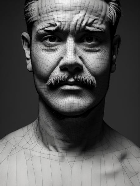 Gray clay style,(masterpiece, best quality), Grayscale, 1boy, male focus, solo, muscular, facial hair, topless male, beard, mustache, old man, old, portrait, 
<lora:zbxr_V2:0.5>, <lora:topo_v3Fix_wireframe:1.2> ,