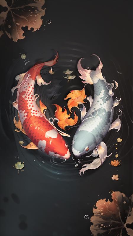 yin-yang_fish,illustration,Painting,goldfish,animal focus,underwater,<lora:yin-yang_fish:1>,