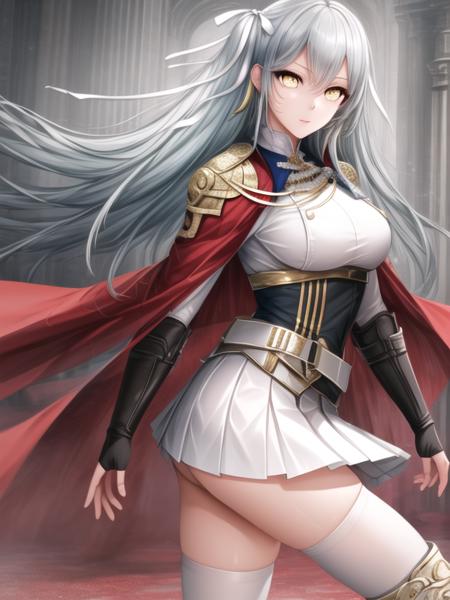 Revenge,grey hair, hair ribbon, blonde eyes, white shirt, miniskirt, zettai ryouiki, white thighhighs, white legwear, gauntlet,red cape,white skirt, 