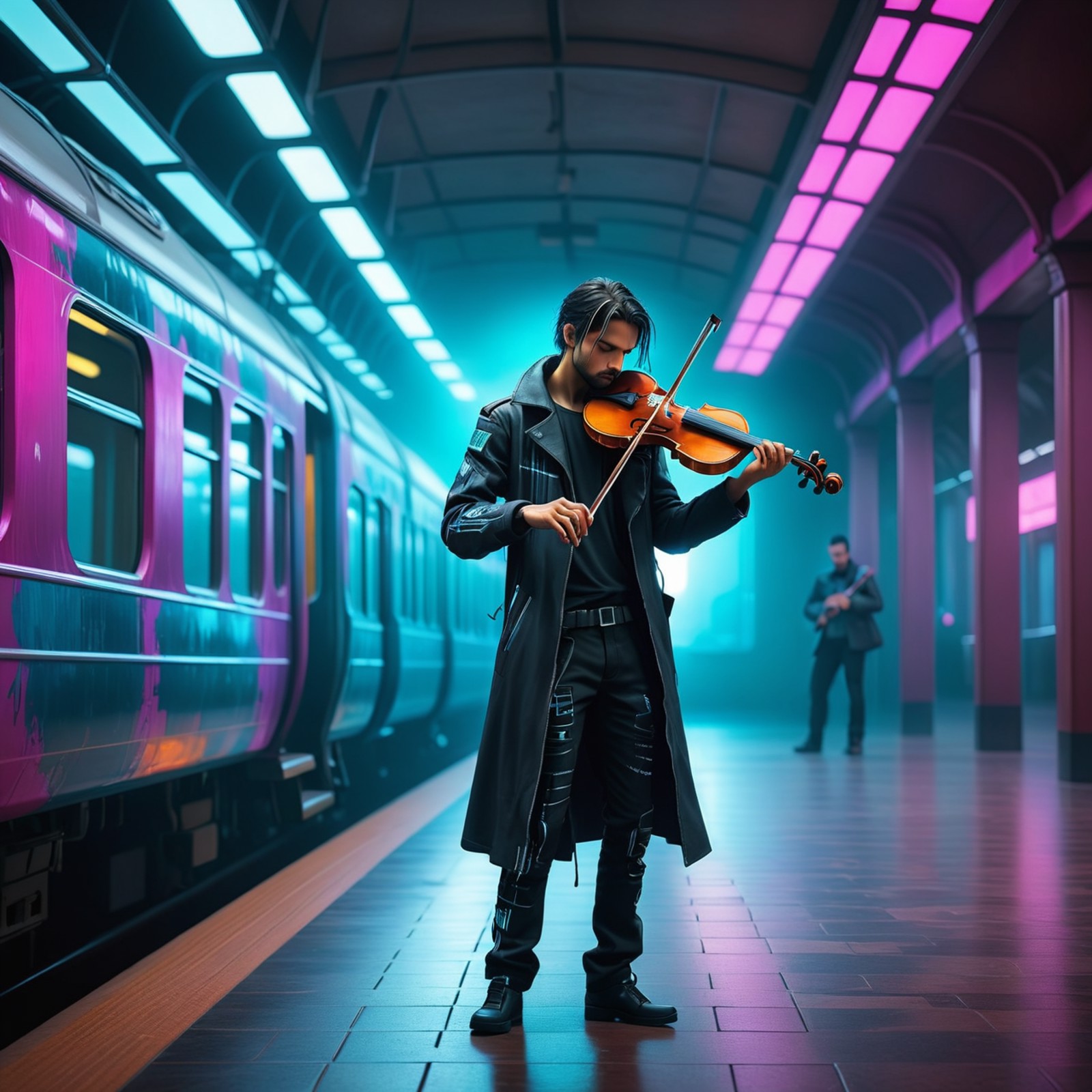 A lone musician playing a haunting tune on a violin in a deserted train station., (futuristic Neon cyberpunk synthwave cyb...