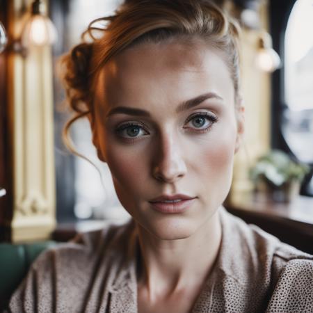 victoriasmurfit a close up portrait photo of a beautiful 26 y.o woman, freckles,  in a paris cafe, wearing vintage clothing, moody, vines, organic, modern, (high detailed skin:1.2), 8k uhd, dslr, soft lighting, high quality, film grain, Fujifilm XT3 <lora:victoriasmurfit_lora:1>