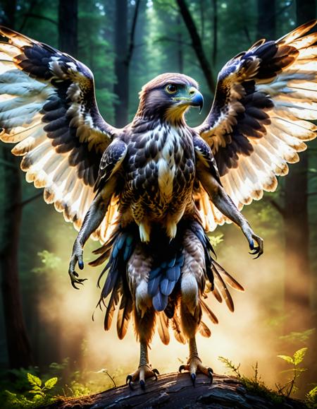 award winning photograph of a winged hawk-like humanoid female cryptid, bird-human hybrid, full body, chroma, rim lighting, volumetric, dramatic epic tense atmosphere, 8k resolution, trending on art station  <lora:xl_more_art-full_v1:0.8>